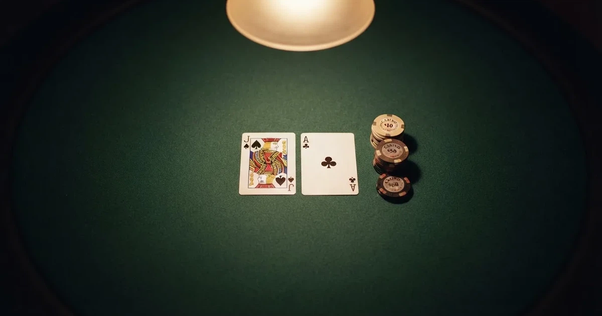 Valaistu pelipöytä ja pelikortit ylhäältä kuvattuna — casino ventti