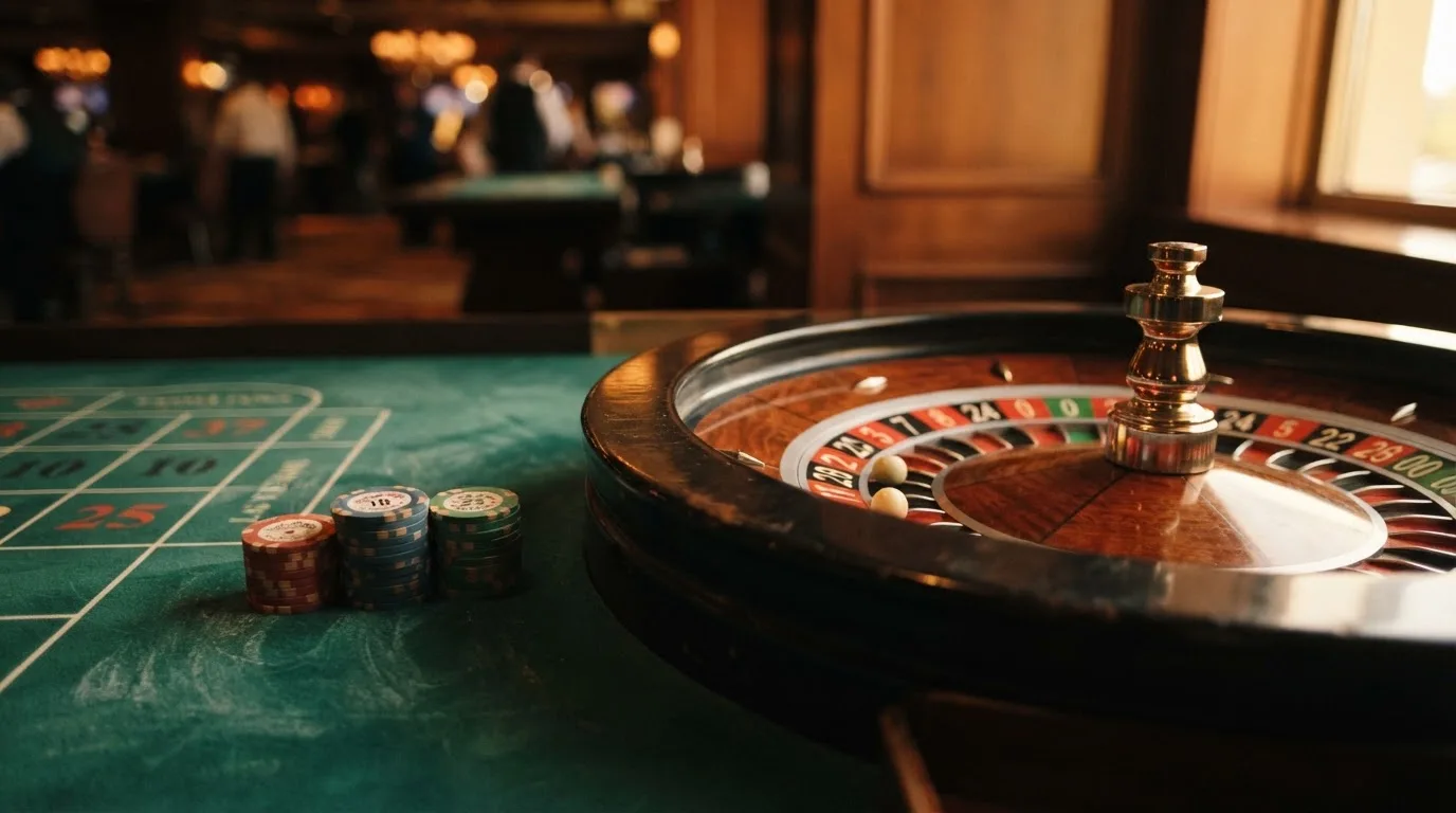Rulettipyörä ja pelimerkit vihreällä huovalla lämpimässä iltavalossa — casino ventti