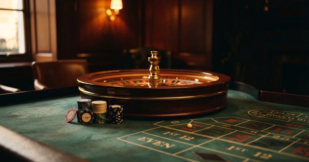 Rulettipyörä ja pelimerkit vihreällä huovalla lämpimässä iltavalossa — heti voitot casino