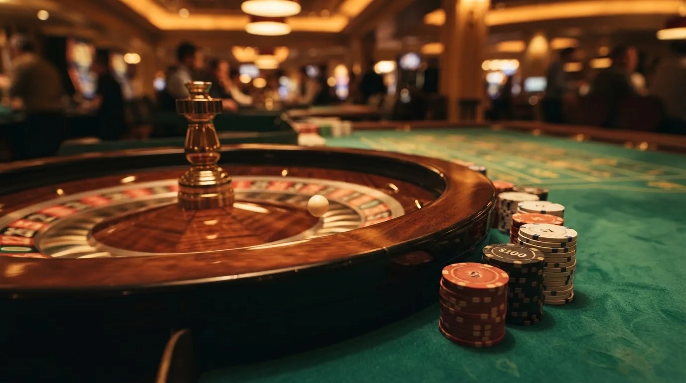Rulettipyörä ja pelimerkit vihreällä huovalla lämpimässä iltavalossa — hyvä verovapaa kasino