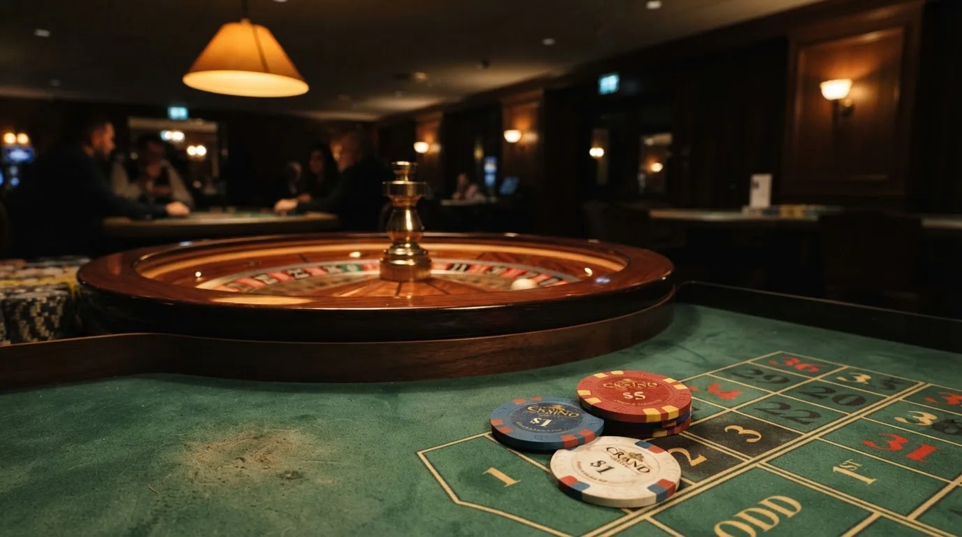 Rulettipyörä ja pelimerkit vihreällä huovalla lämpimässä iltavalossa — kolikkopelit casino pelit