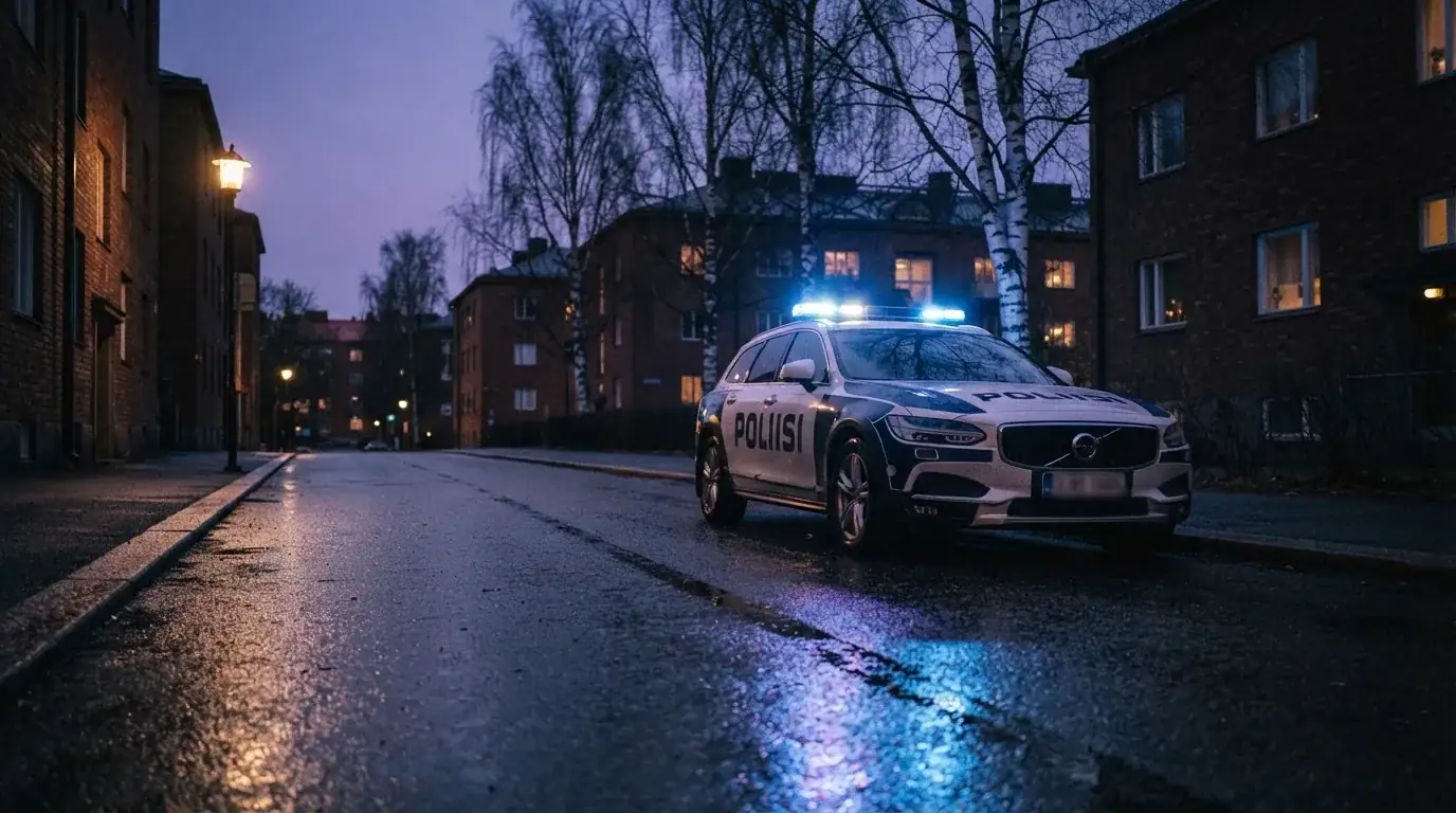 Poliisiauto pysäköitynä kadulle iltahämärässä, valot heijastuvat kostealta asfaltilta hiljaisella kadulla.