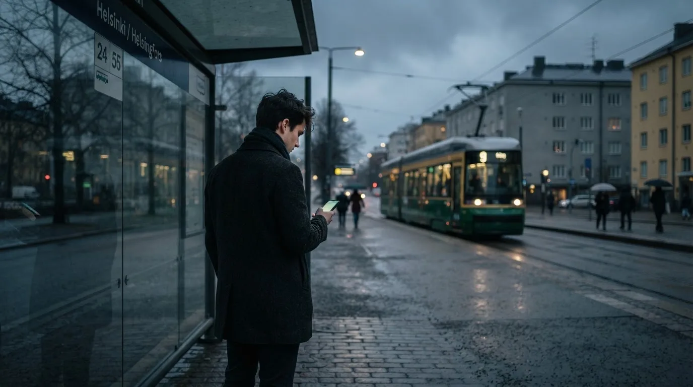 Nuori mies selaa älypuhelinta bussipysäkillä odottaessaan iltapäivällä, taustalla sumuinen katunäkymä.