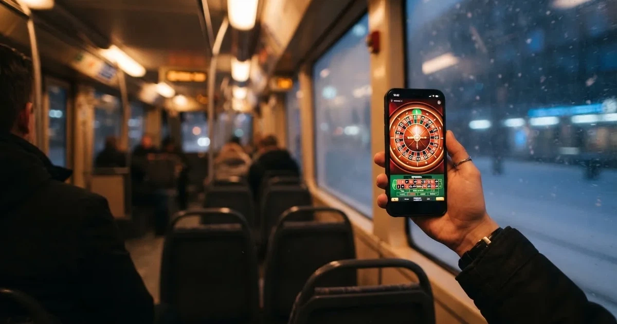 Puhelin kädessä Helsingin raitiovaunussa talvi-iltana — mobiilikasino puhelimessa